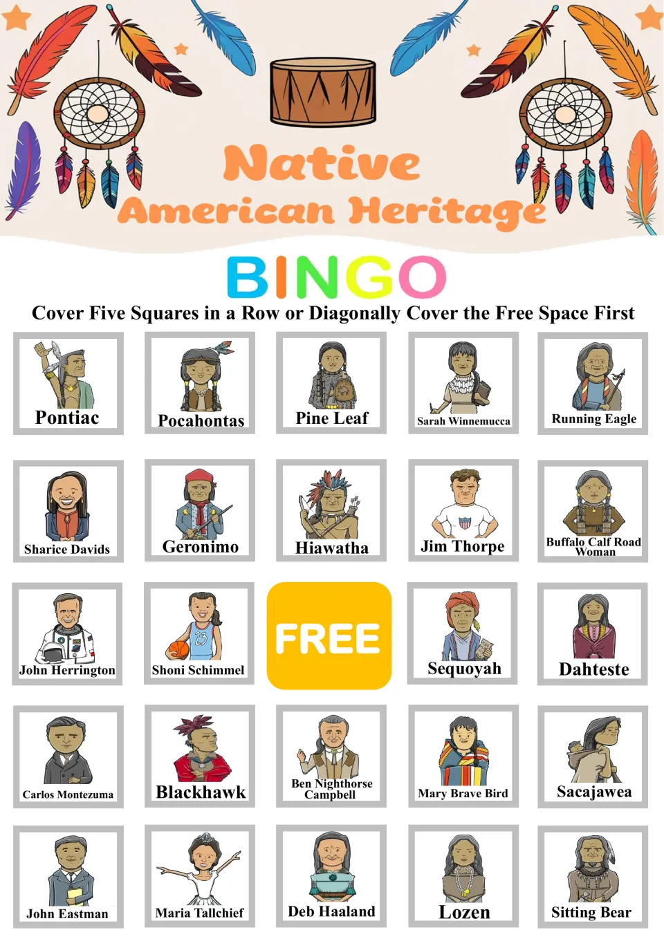 Bingo board 5: Pontiac, Pocahontas, Pine Leaf and 21 other named portraits, plus a center free space.