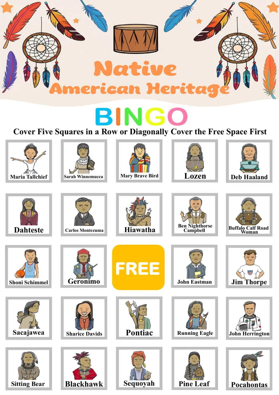 Bingo board 6: Maria Tallchief, Sarah Winnemucca and 22 other named portraits, plus a free space.