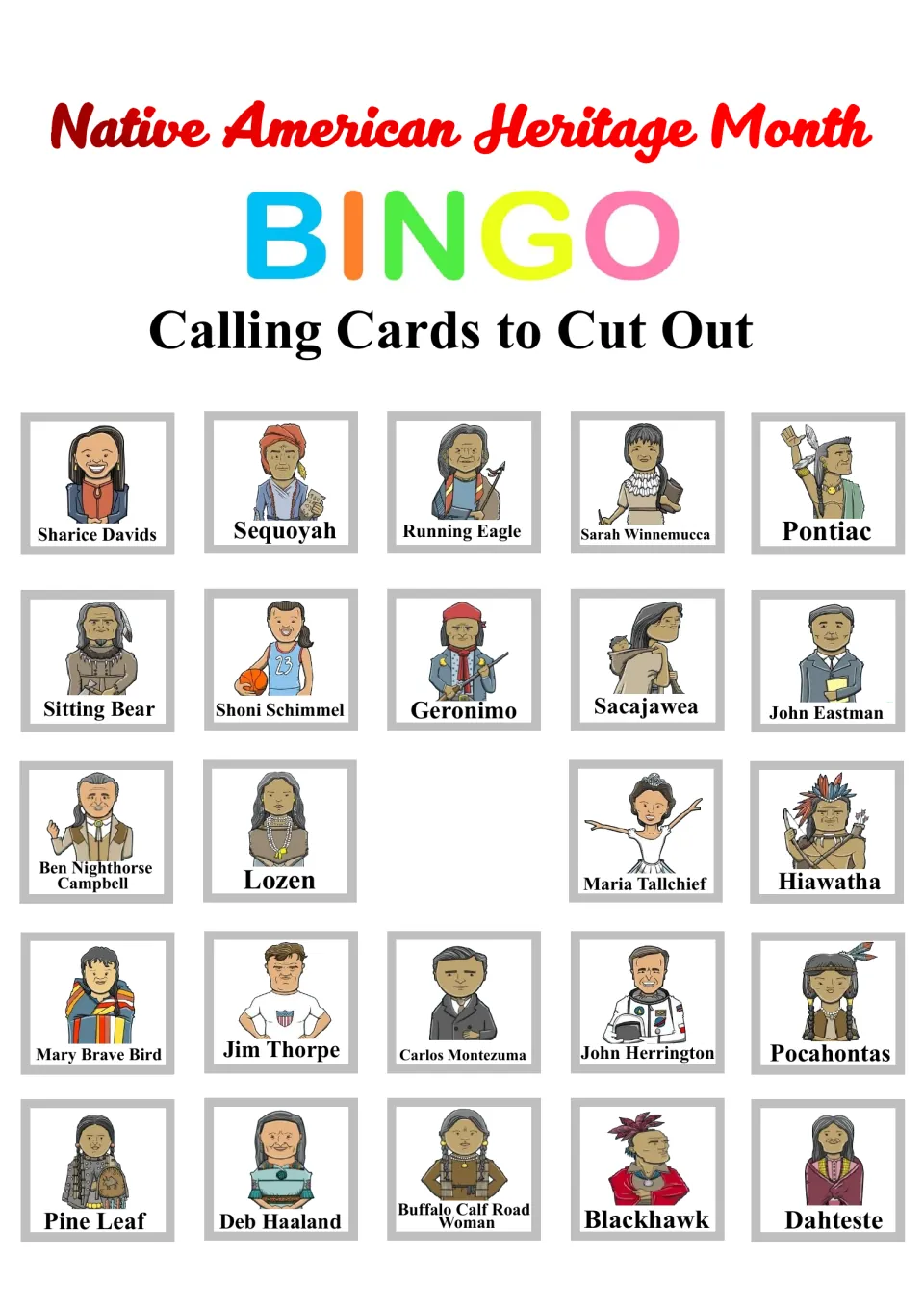 Bingo calling cards to cut out: 24 named portraits, including Sharice Davids, Sequoyah and Running Eagle.