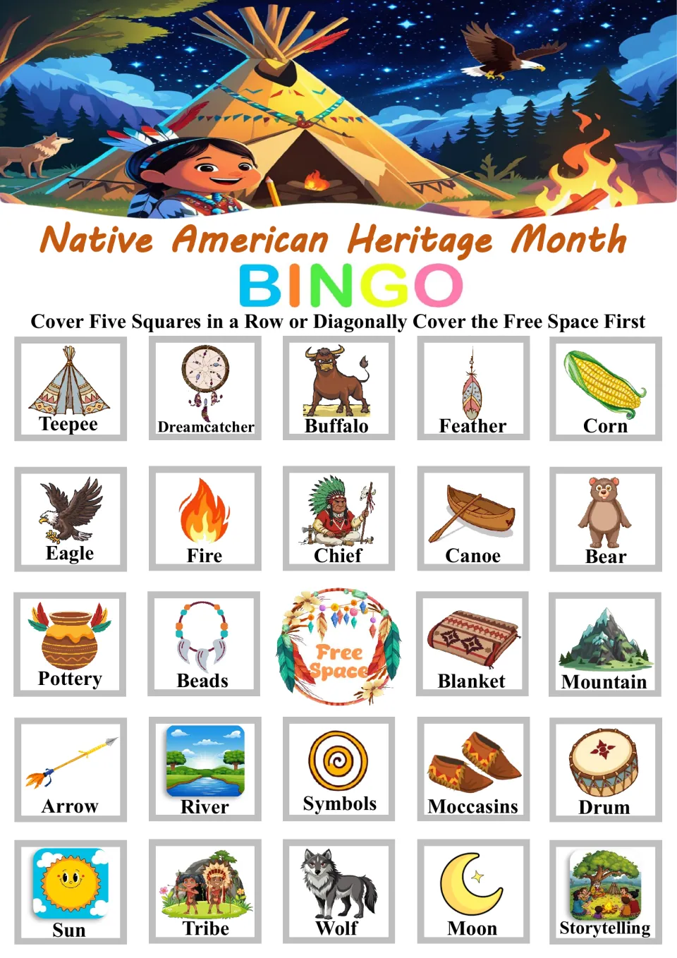 Bingo board 1 of 6 with Teepee, Dreamcatcher, Buffalo, Feather, Corn, 19 more words, and a free space.