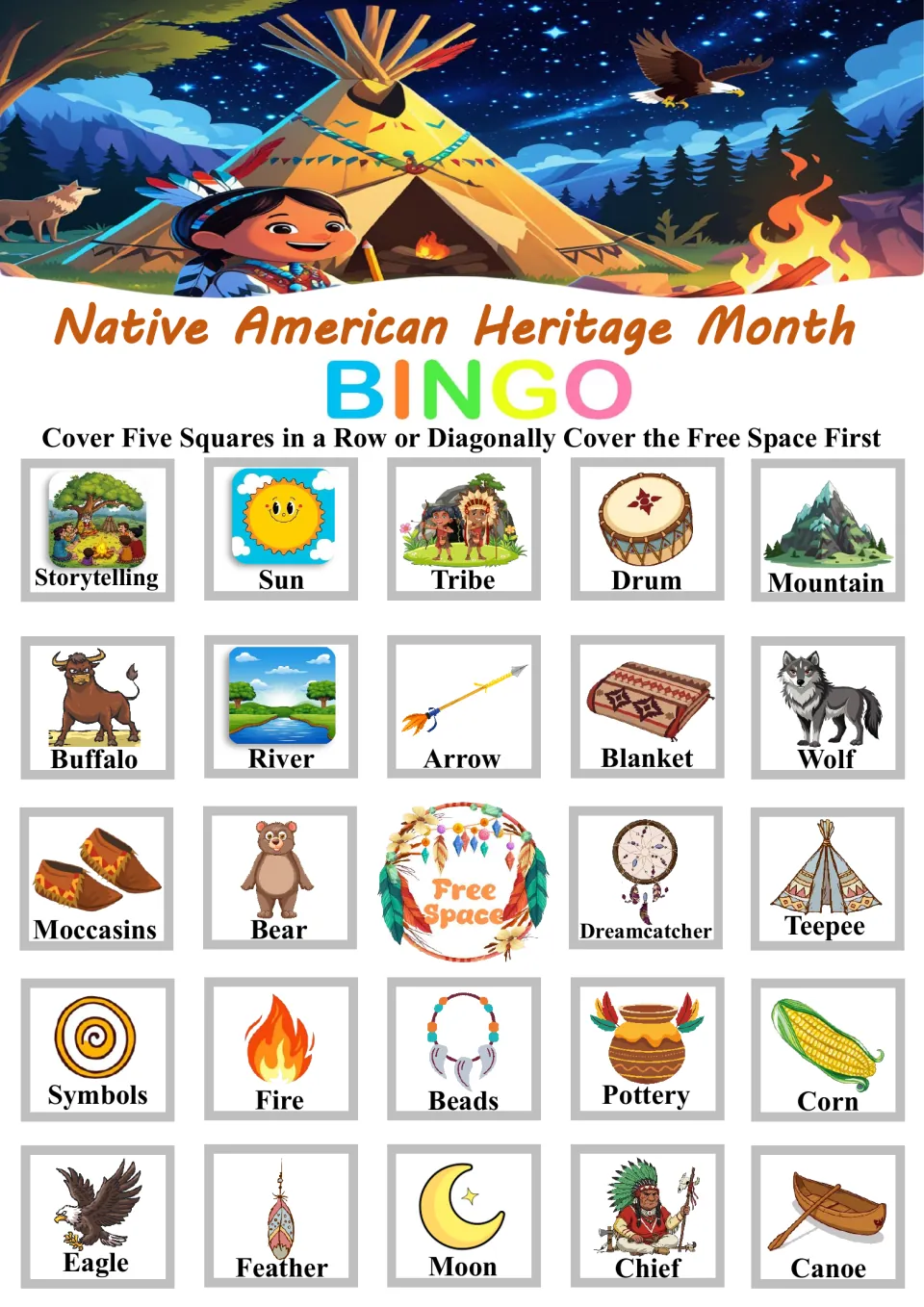 Bingo board 2 of 6 with Storytelling, Sun, Tribe, Drum, Mountain, 19 more words, and a free space.