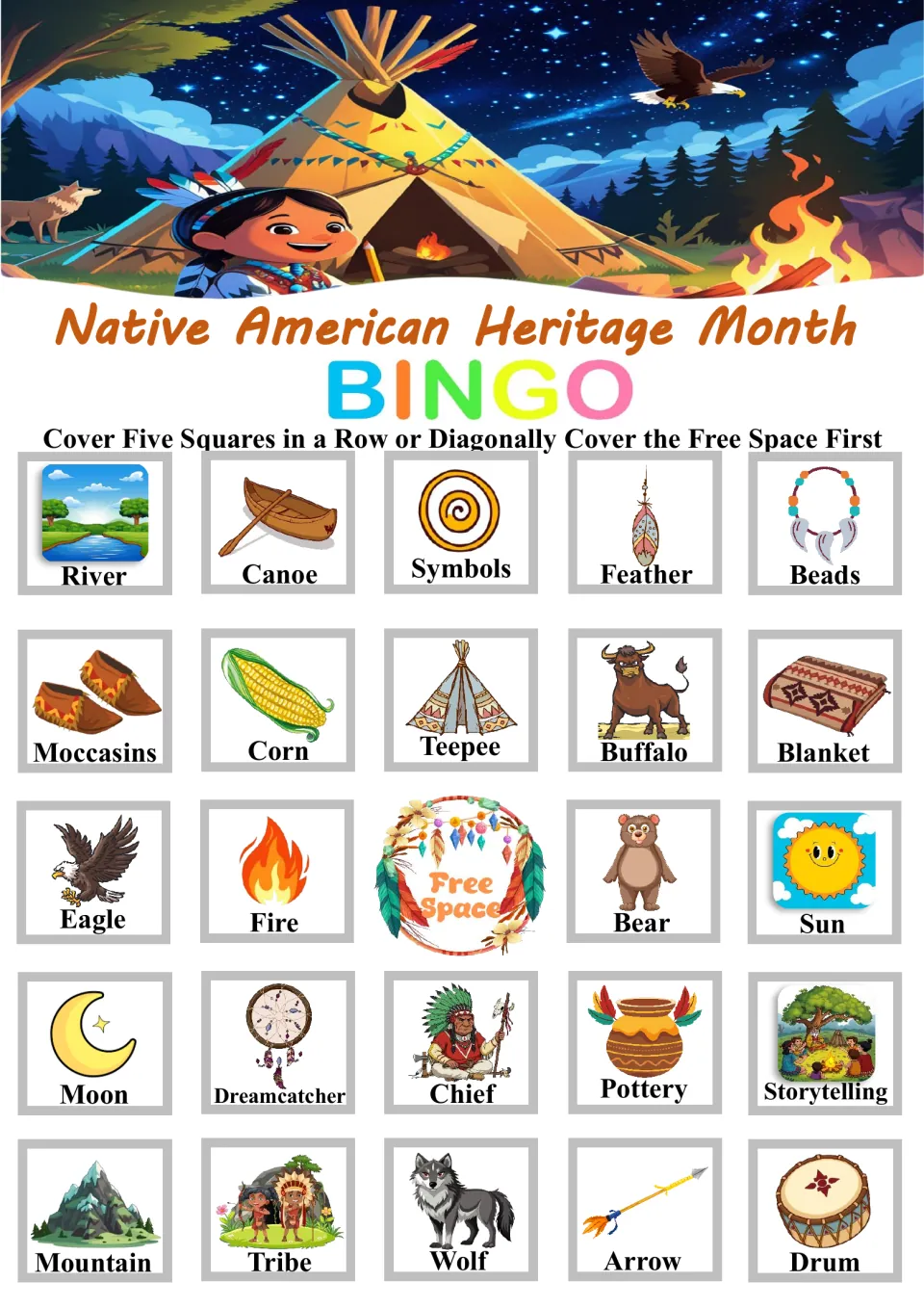 Bingo board 3 of 6 with River, Canoe, Symbols, Feather, Beads, 19 more words, and a center free space.