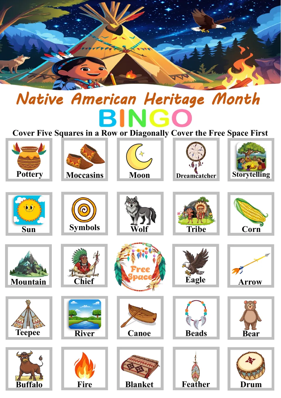 Bingo board 4 of 6 with Pottery, Moccasins, Moon, Dreamcatcher, Storytelling, 19 more words, and a free space.