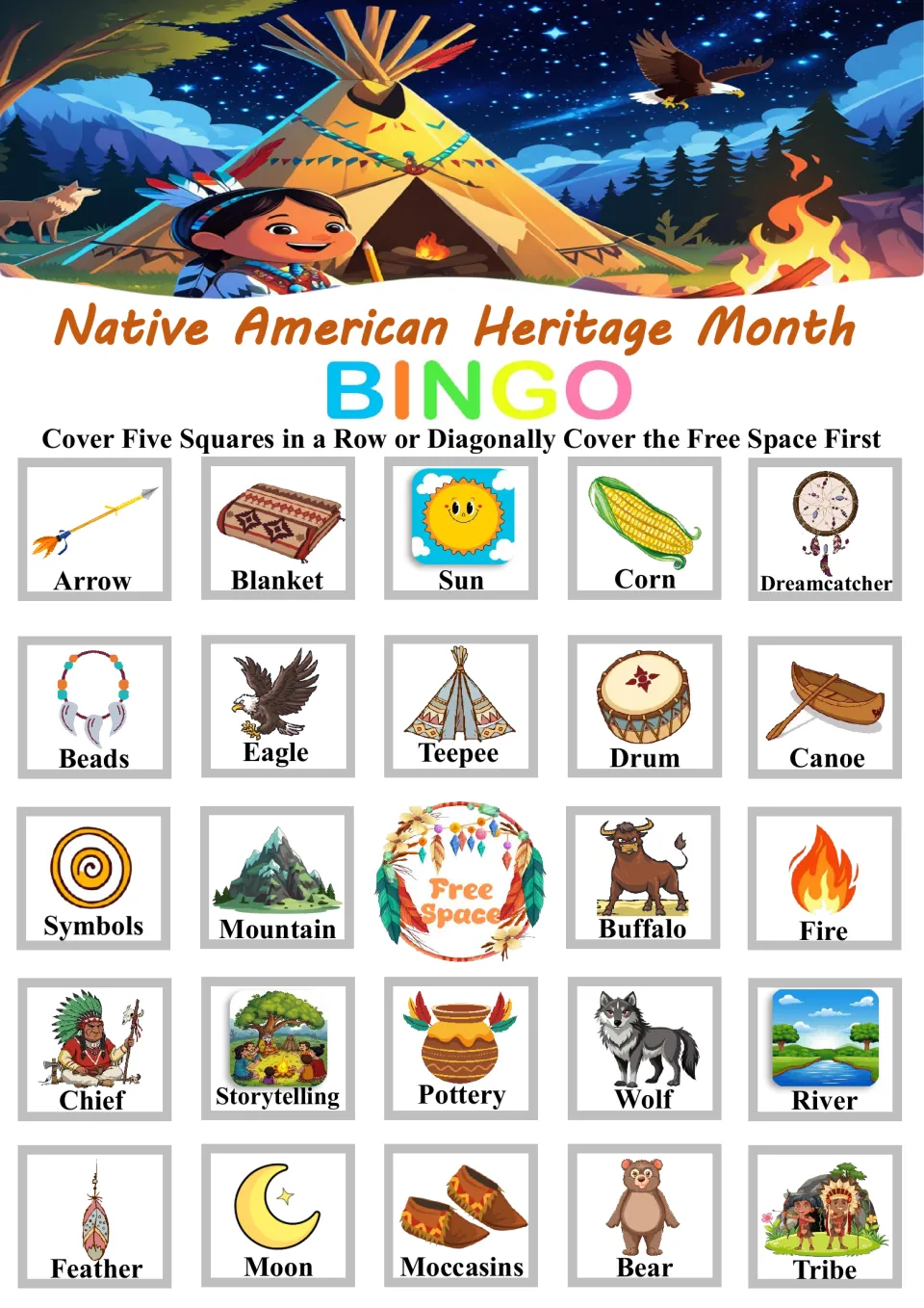 Bingo board 5 of 6 with Arrow, Blanket, Sun, Corn, Dreamcatcher, 19 more words, and a free space.