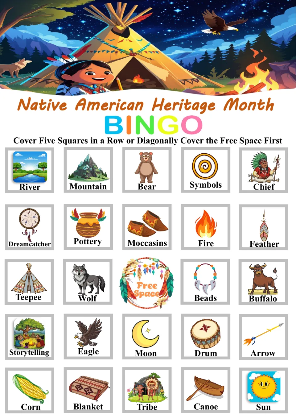 Bingo board 6 of 6 with River, Mountain, Bear, Symbols, Chief, 19 more words, and a center free space.