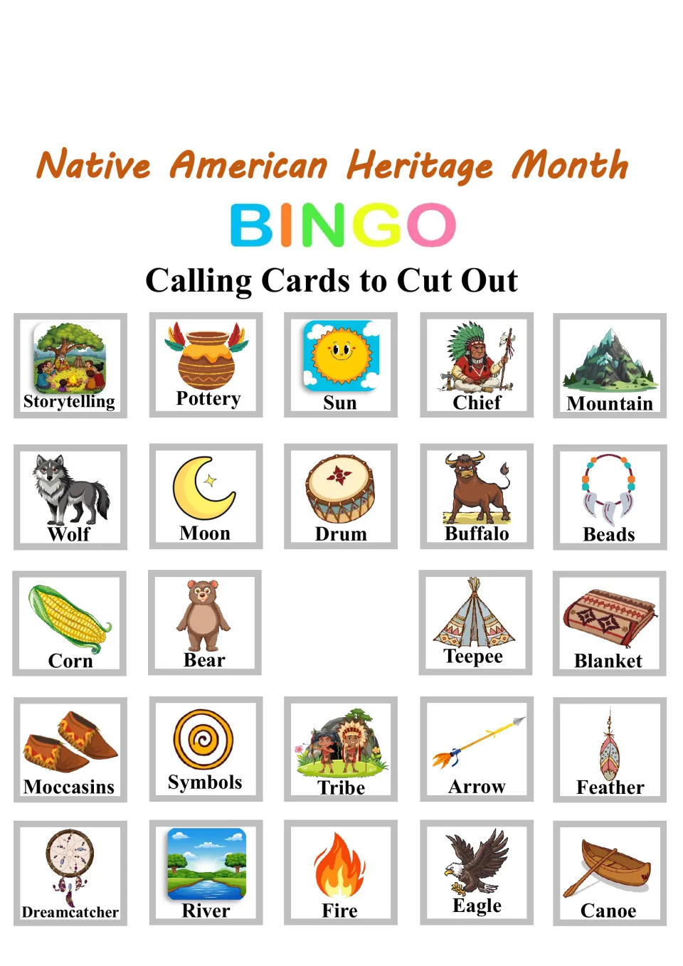 Bingo calling sheet with 24 illustrated cards to cut out, including Storytelling, Pottery, Sun, and Chief.