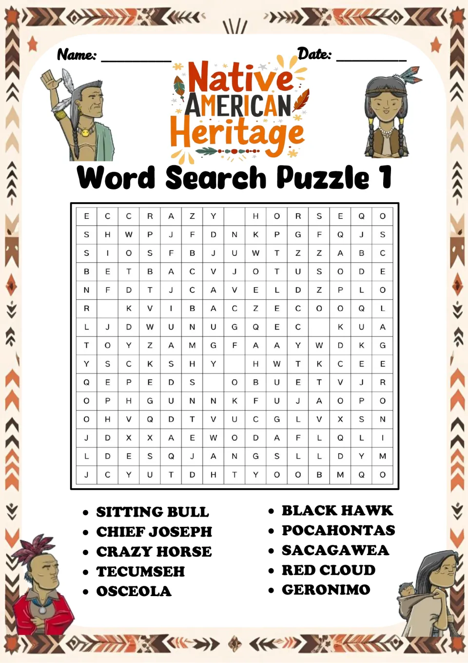 Word search puzzle 1: Sitting Bull, Chief Joseph, Crazy Horse, Tecumseh, Osceola and five more names