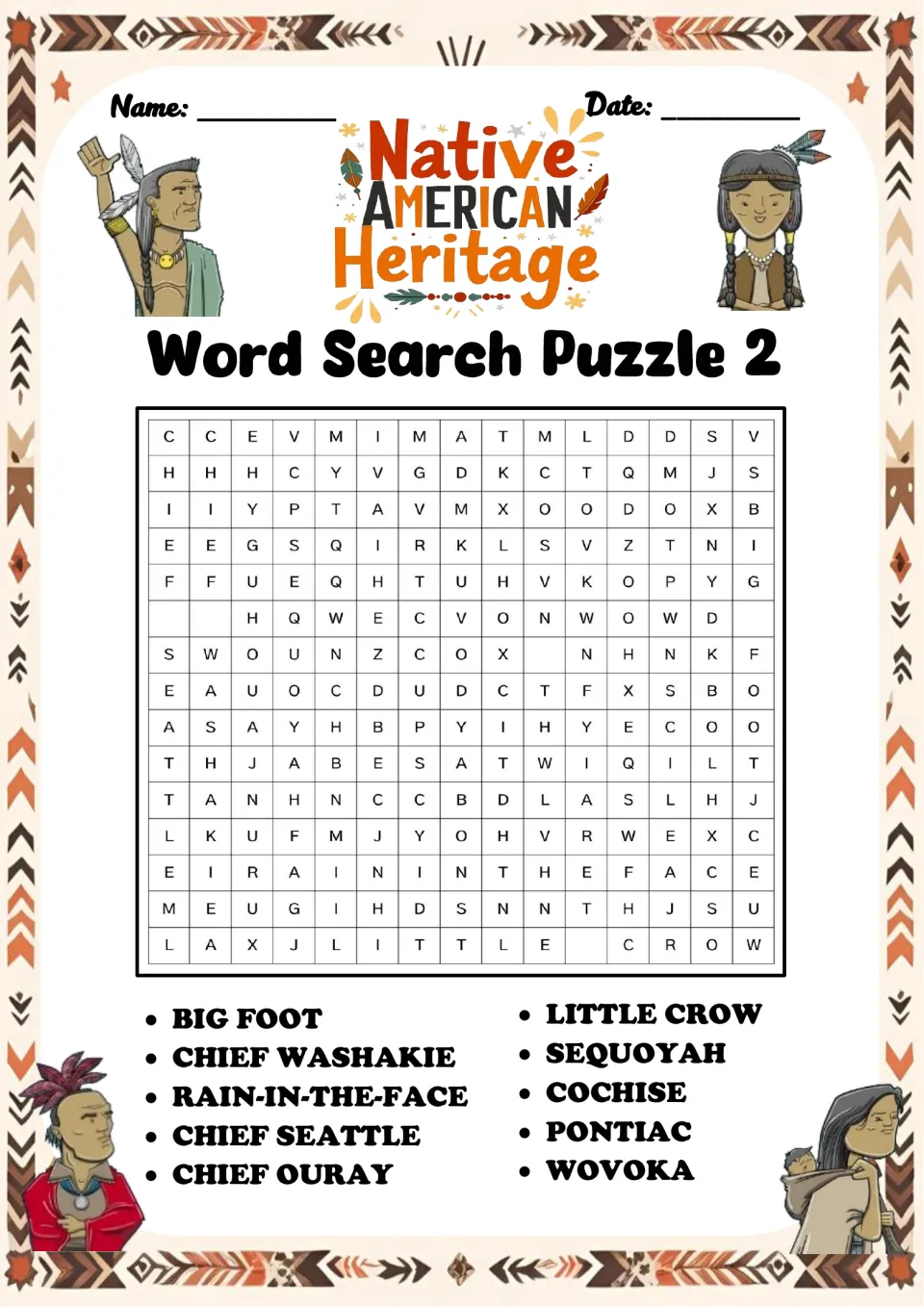 Word search puzzle 2: Big Foot, Chief Washakie, Rain-in-the-Face, Chief Seattle and six more names