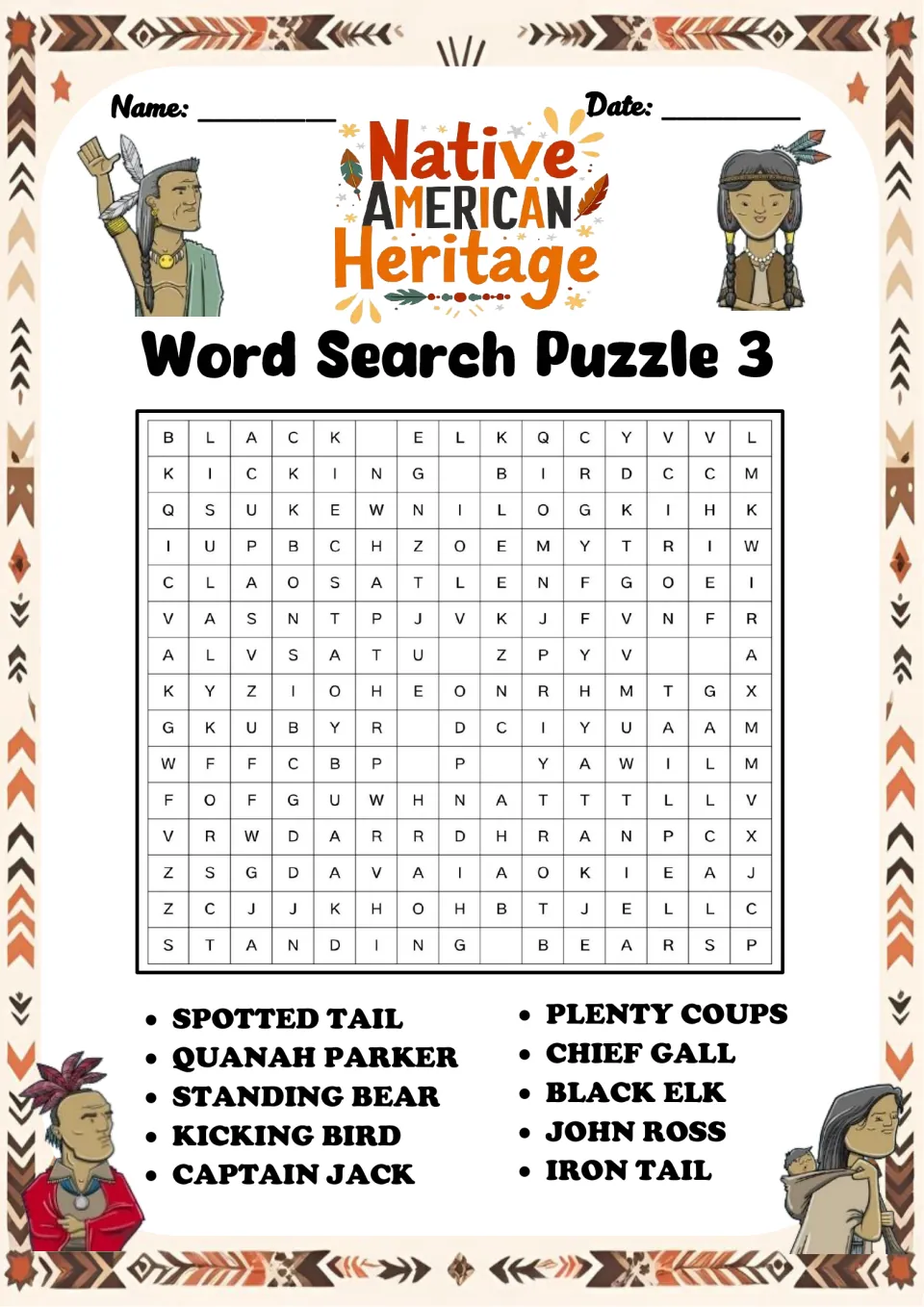 Word search puzzle 3: Spotted Tail, Quanah Parker, Standing Bear, Kicking Bird and six more names