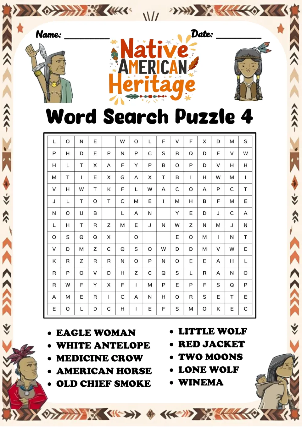 Word search puzzle 4: Eagle Woman, White Antelope, Medicine Crow, American Horse and six more names