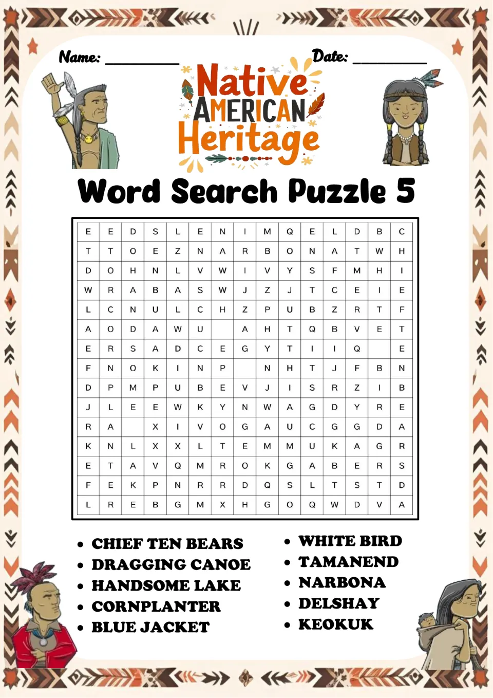 Word search puzzle 5: Chief Ten Bears, Dragging Canoe, Handsome Lake, Cornplanter and six more names
