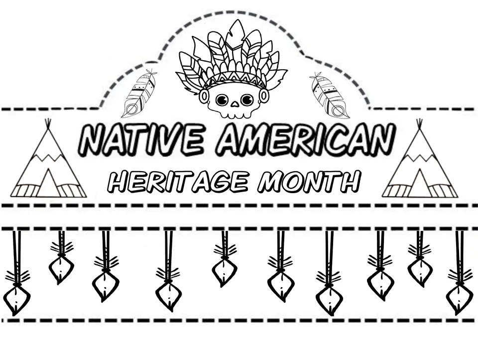 Crown craft 2 of 5: "Native American Heritage Month," with two tipis to color and a matching headband strip.