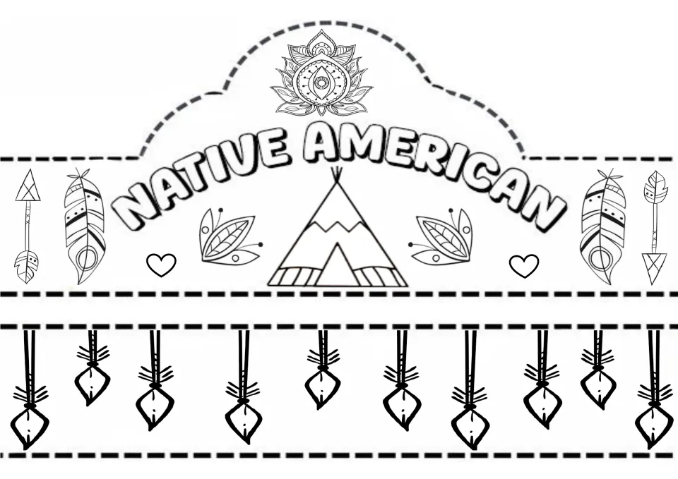 Crown craft 3 of 5: "Native American," with a central tipi to color and a separate matching headband strip.