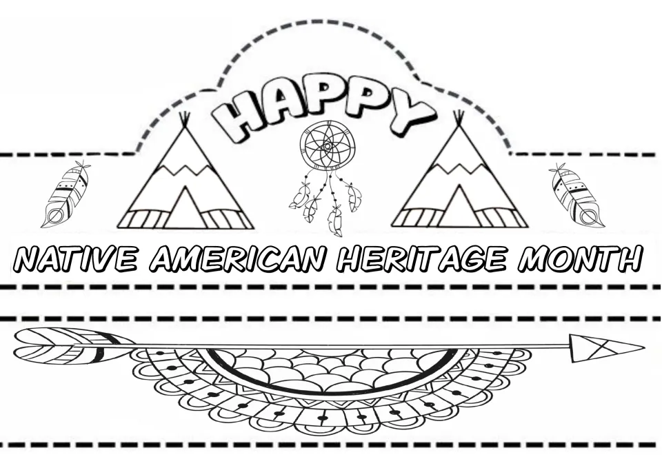 Crown craft 4 of 5: "Happy Native American Heritage Month," with two tipis and a dream catcher to color.
