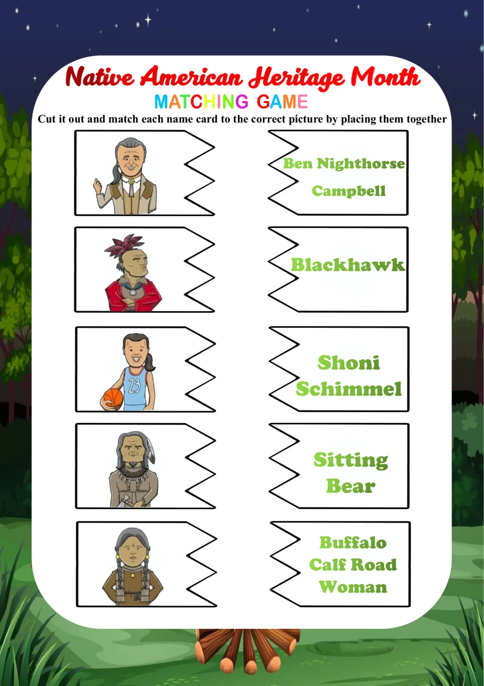 Matching pairs 1–5: Ben Nighthorse Campbell, Blackhawk, Shoni Schimmel and two more, with picture and name cards