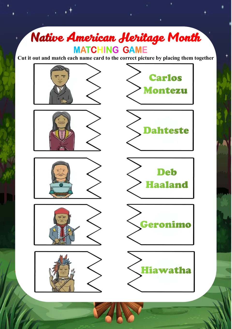 Matching pairs 6–10: Carlos Montezu, Dahteste, Deb Haaland, Geronimo and Hiawatha, with picture and name cards