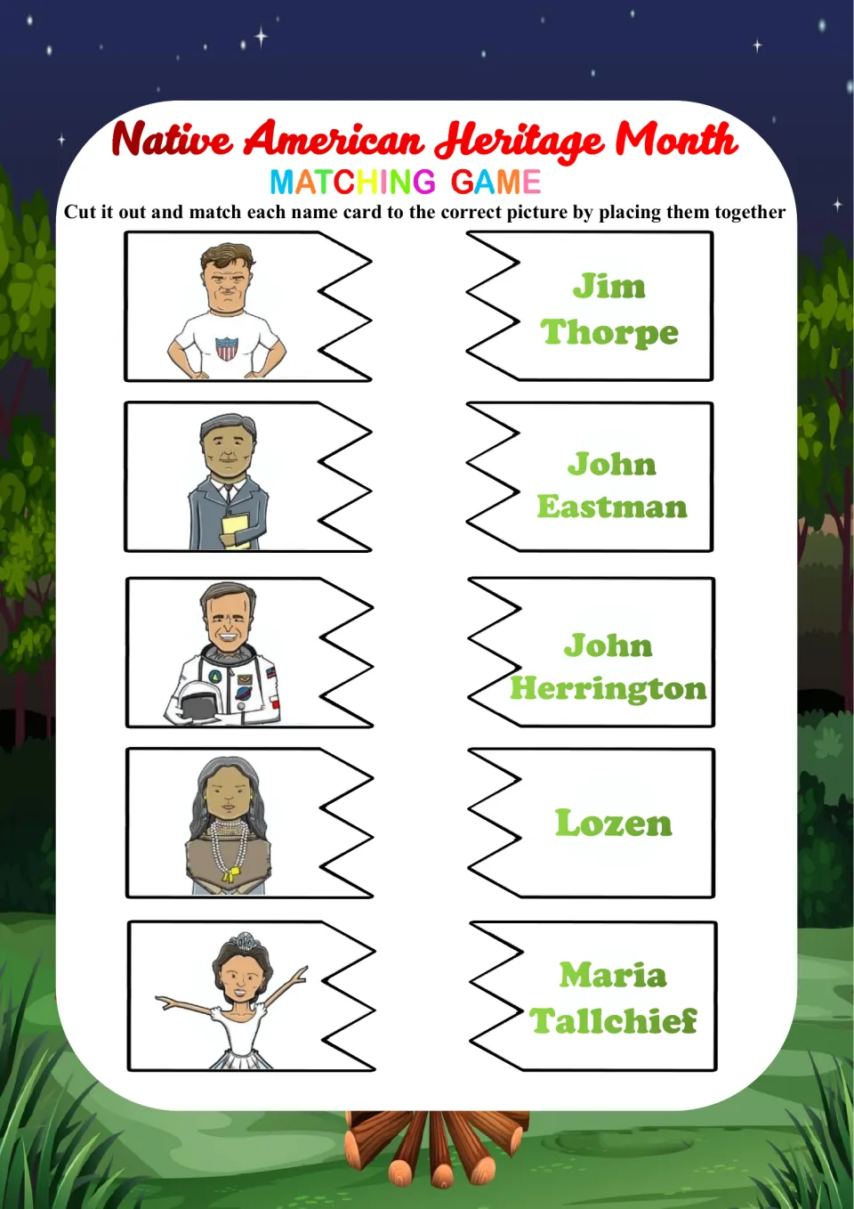 Matching pairs 11–15: Jim Thorpe, John Eastman, John Herrington and two more, with picture and name cards