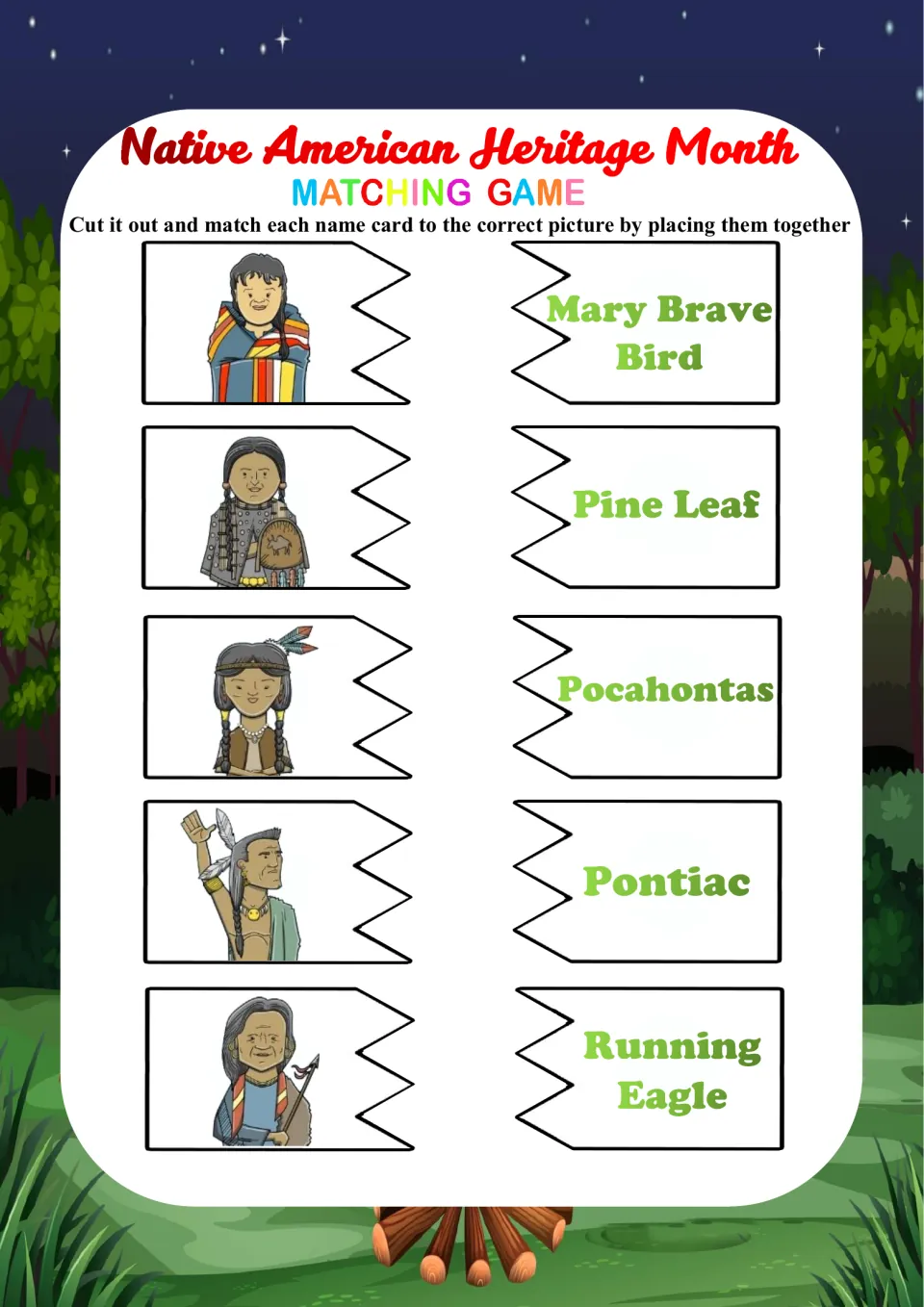 Matching pairs 16–20: Mary Brave Bird, Pine Leaf, Pocahontas and two more, with picture and name cards