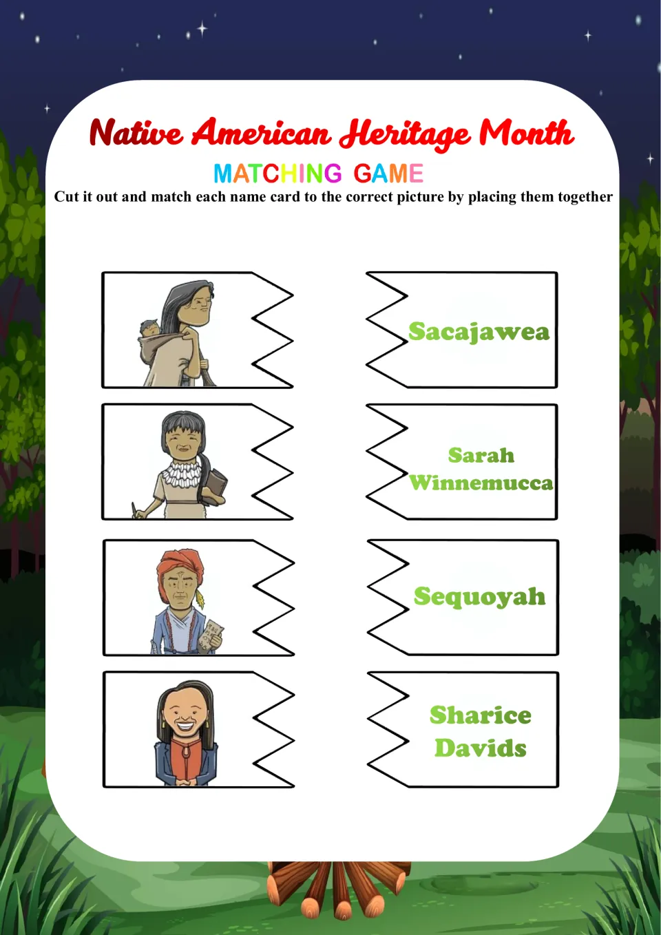 Matching pairs 21–24: Sacajawea, Sarah Winnemucca, Sequoyah and Sharice Davids, with picture and name cards