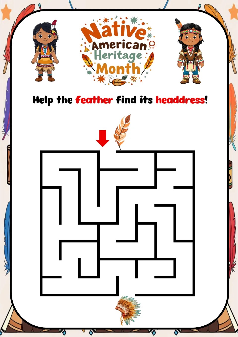 Feather-to-headdress maze for Native American Heritage Month, with the prompt 'Help the feather find its headdress!'