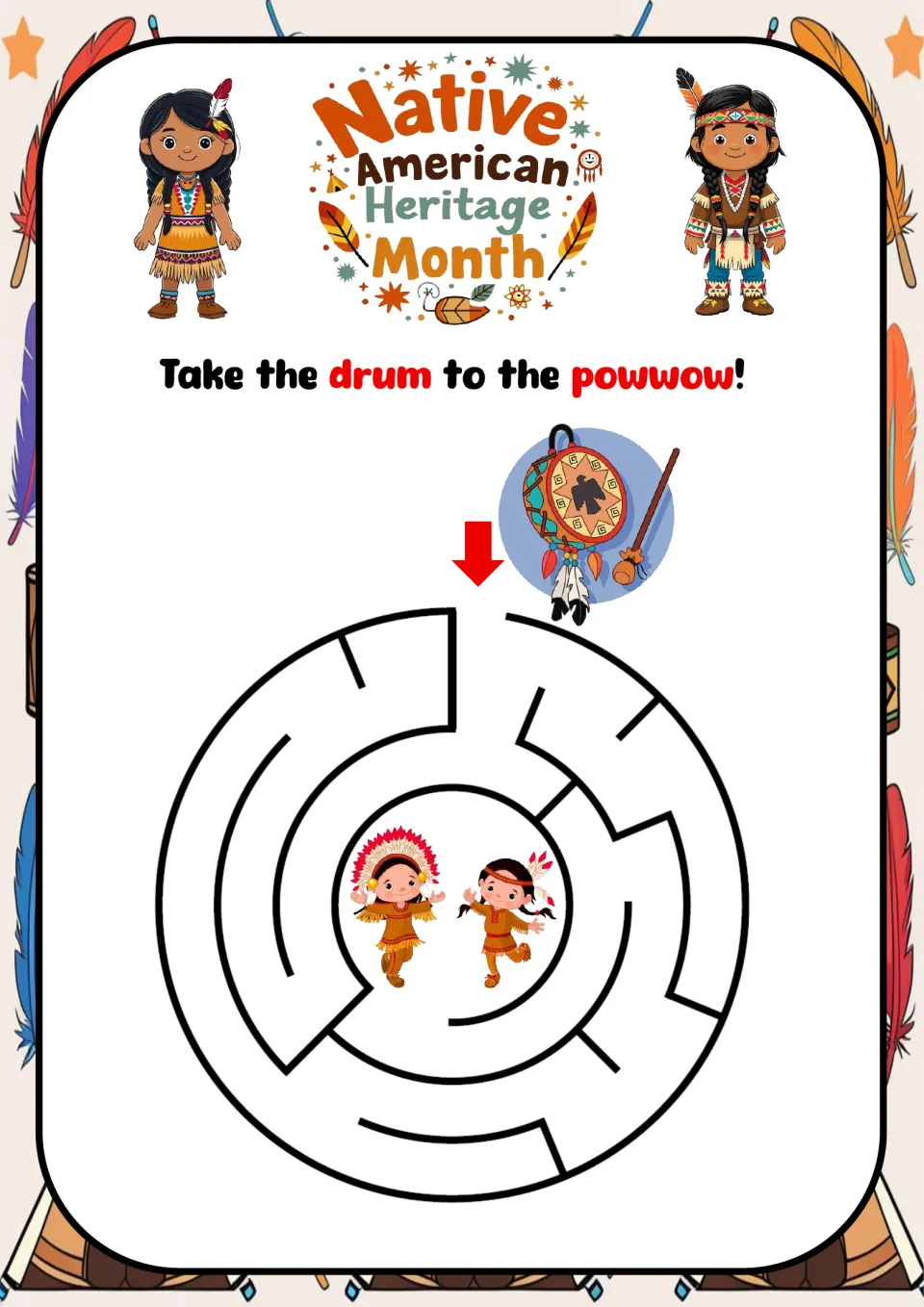 Drum-to-powwow maze for Native American Heritage Month, with the prompt 'Take the drum to the powwow!'