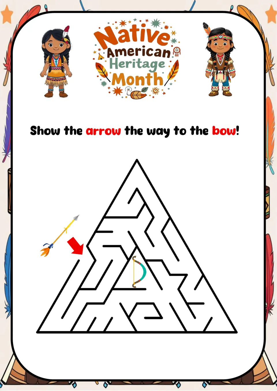Arrow-to-bow maze for Native American Heritage Month, with the prompt 'Show the arrow the way to the bow!'