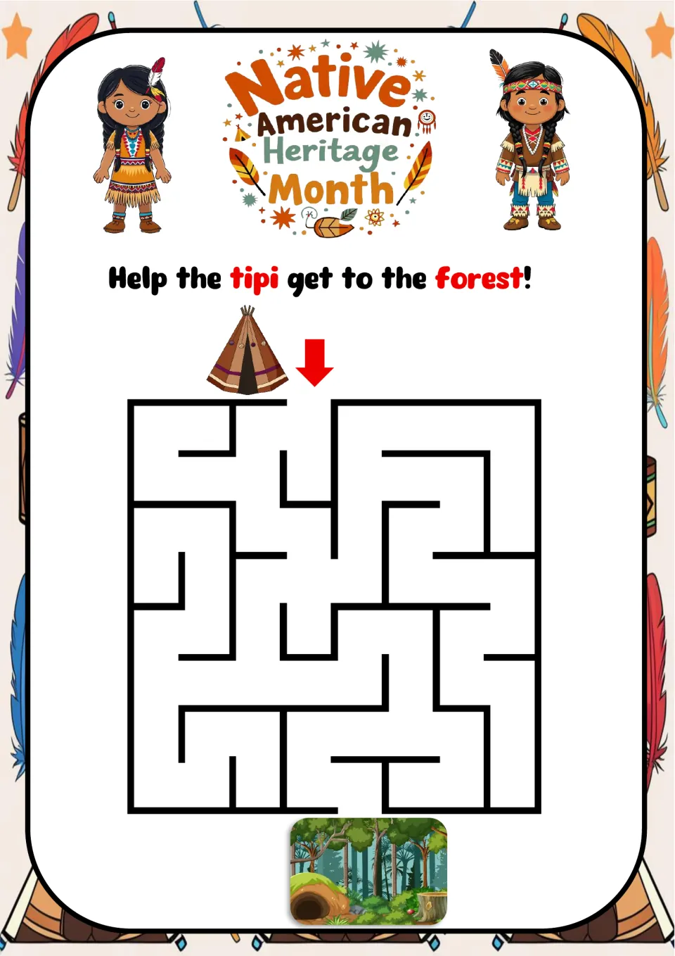 Tipi-to-forest maze for Native American Heritage Month, with the prompt 'Help the tipi get to the forest!'