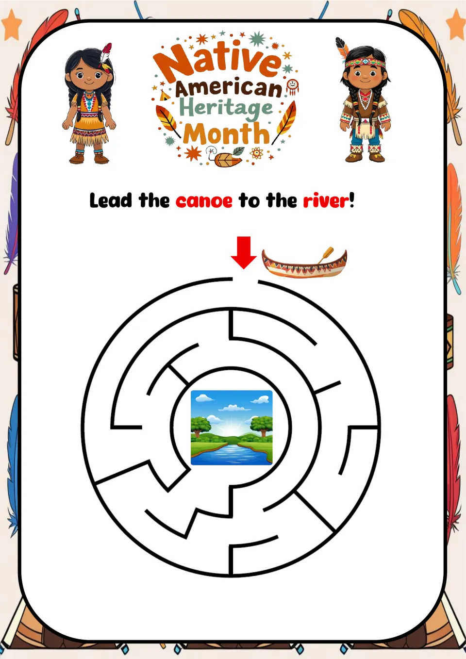 Canoe-to-river maze for Native American Heritage Month, with the prompt 'Lead the canoe to the river!'