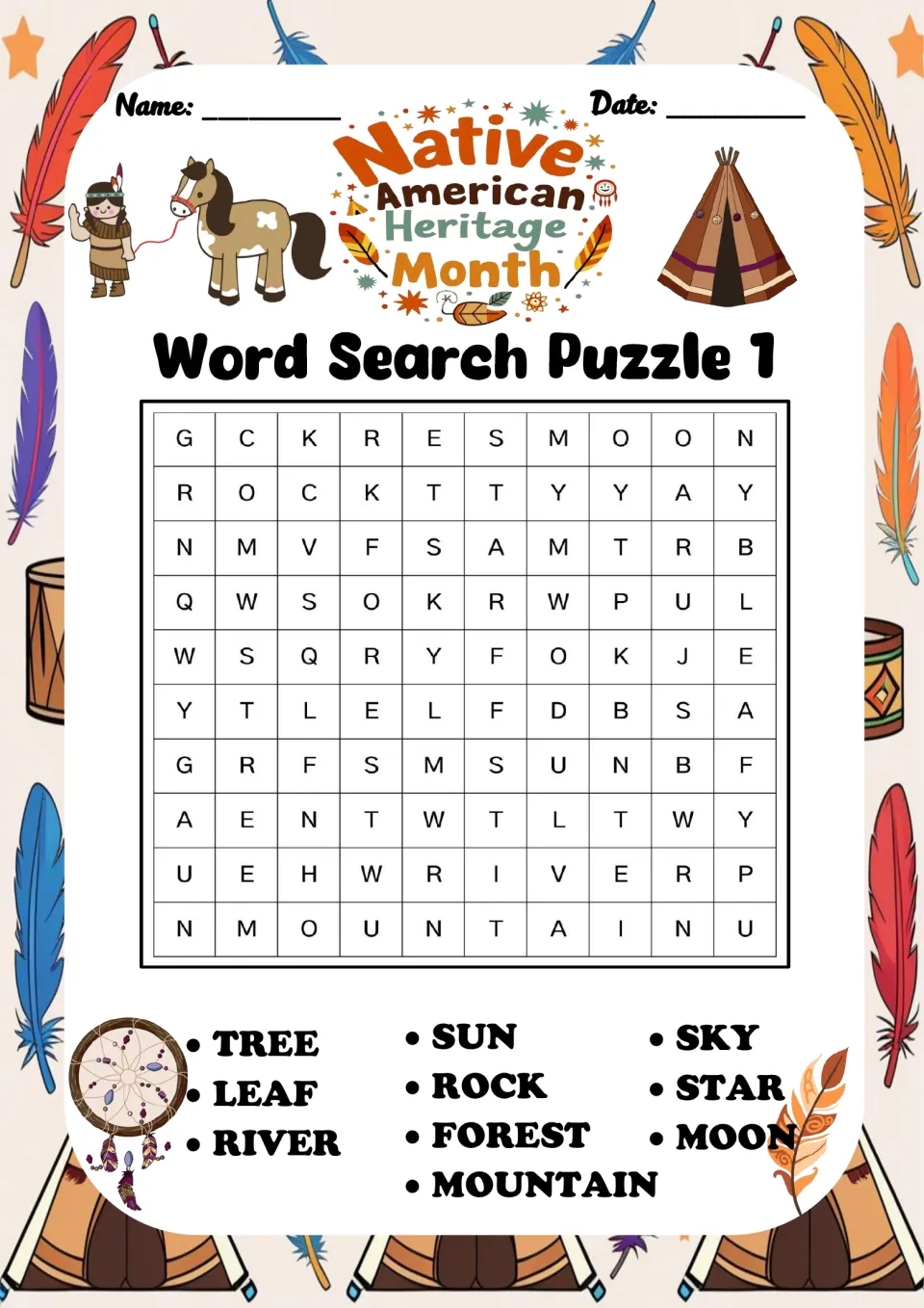 Word search puzzle 1: tree, leaf, river, sun, rock, forest, mountain, sky, star and moon to find