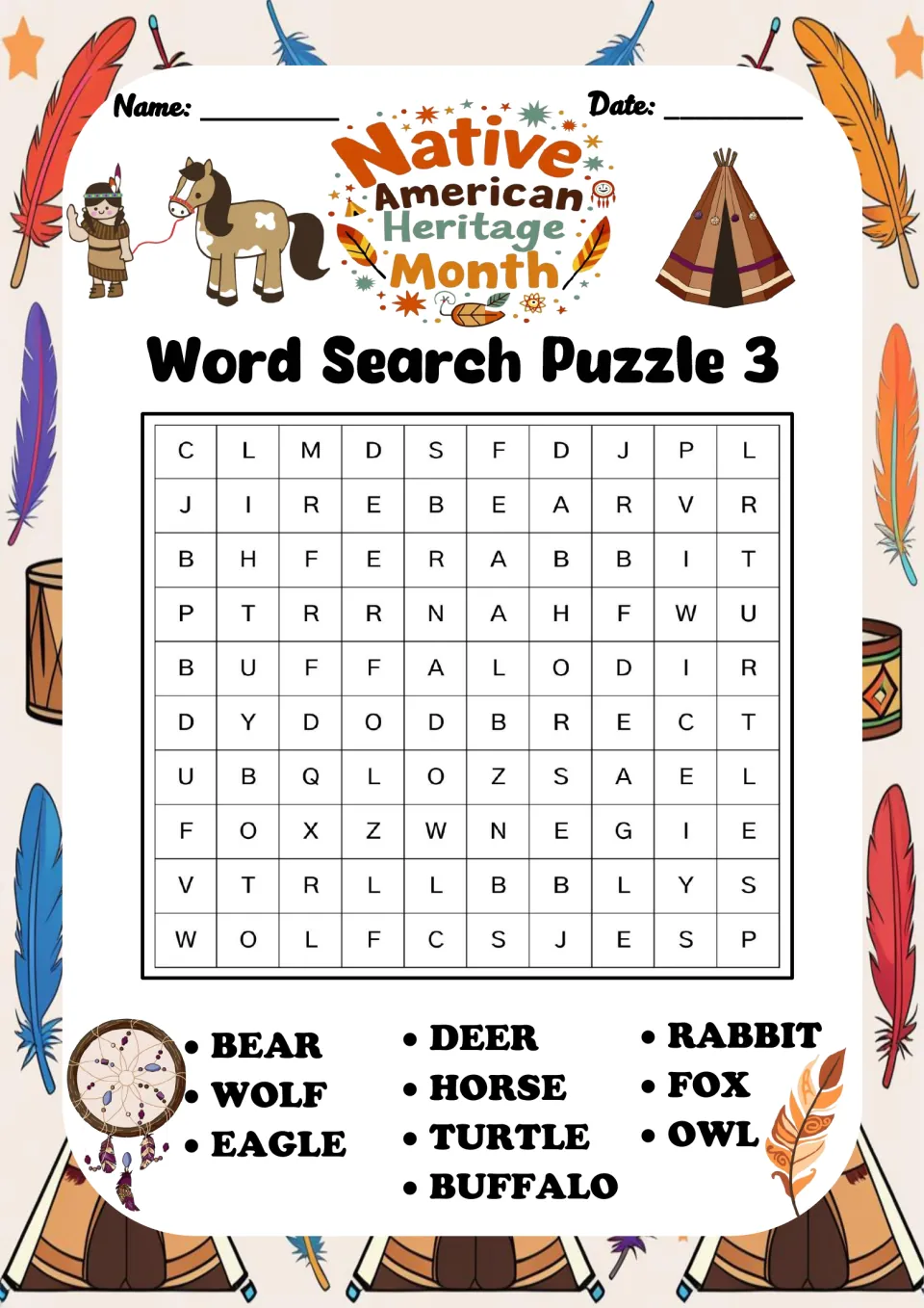 Word search puzzle 3: bear, wolf, eagle, deer, horse, turtle, buffalo, rabbit, fox and owl to find