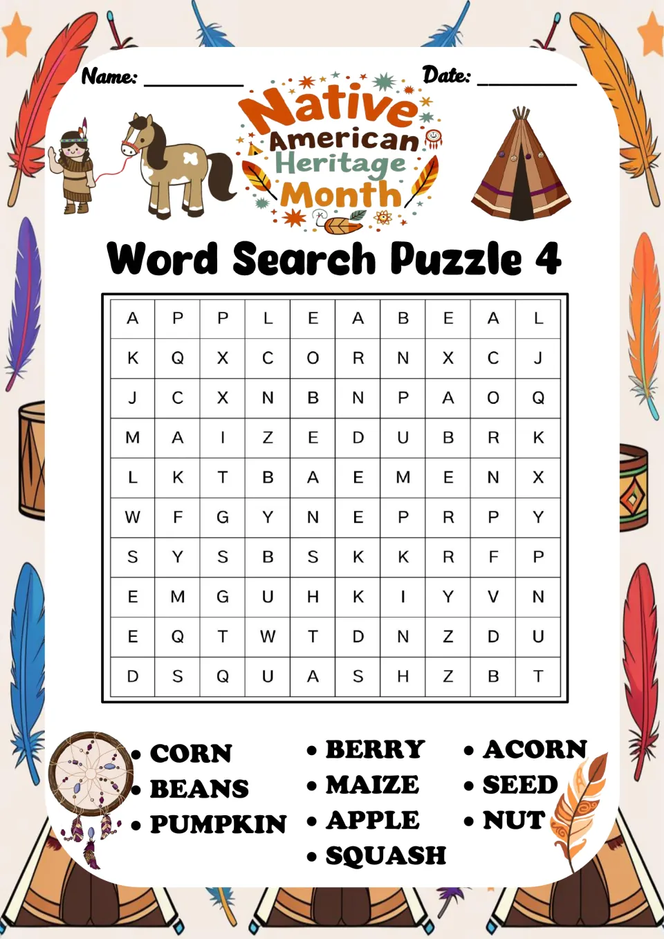 Word search puzzle 4: corn, beans, pumpkin, berry, maize, apple, squash, acorn, seed and nut to find
