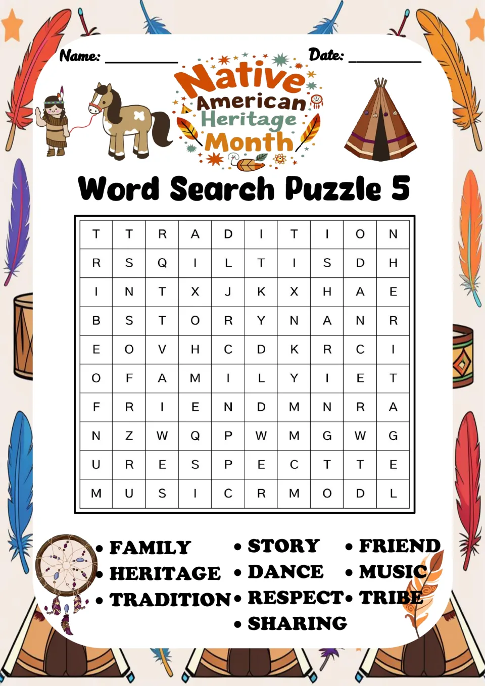Word search puzzle 5: family, heritage, tradition, story, dance, respect, sharing, friend, music and tribe