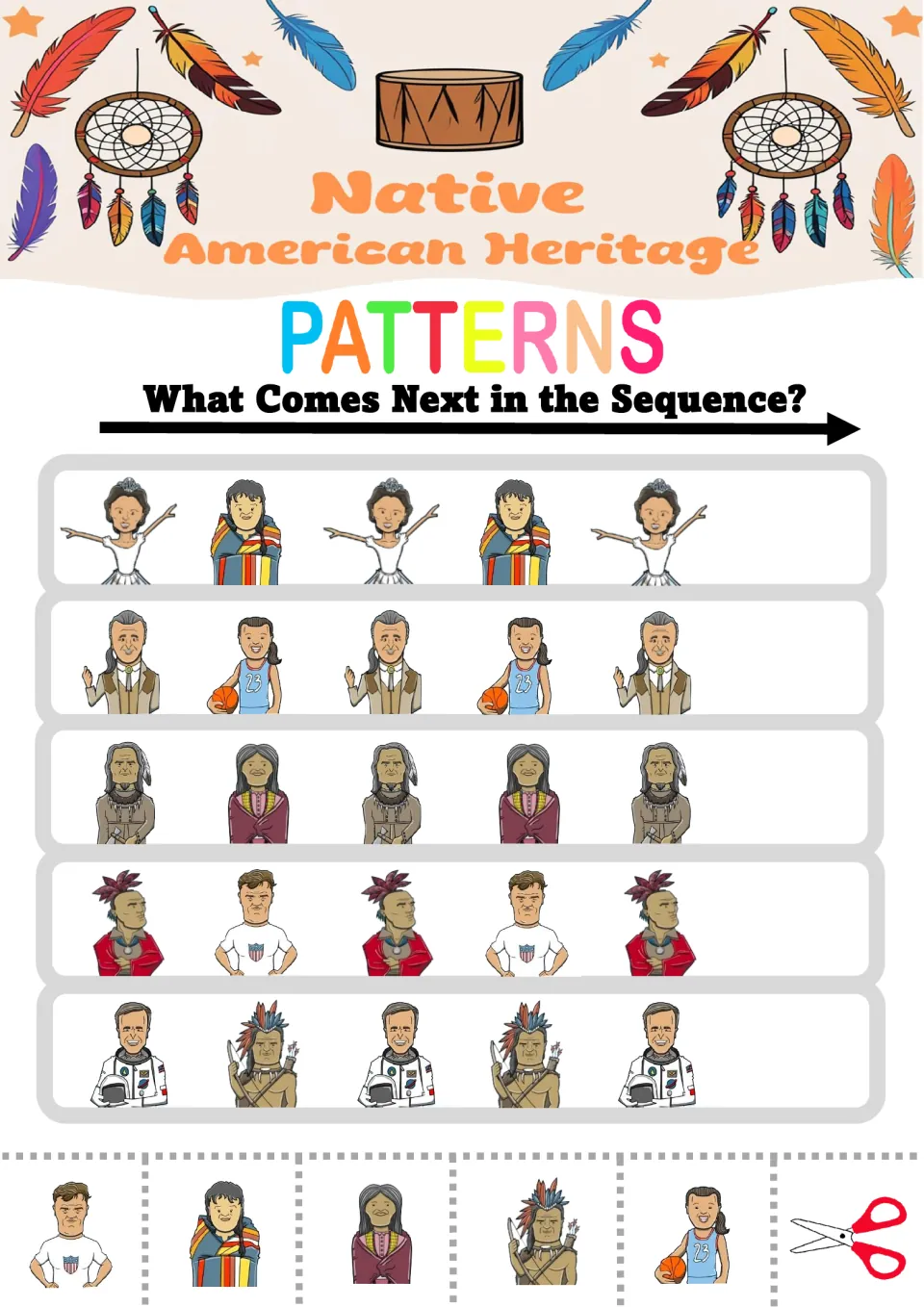 Pattern worksheet 1: five AB sequences using figures including a dancer, basketball player, and astronaut