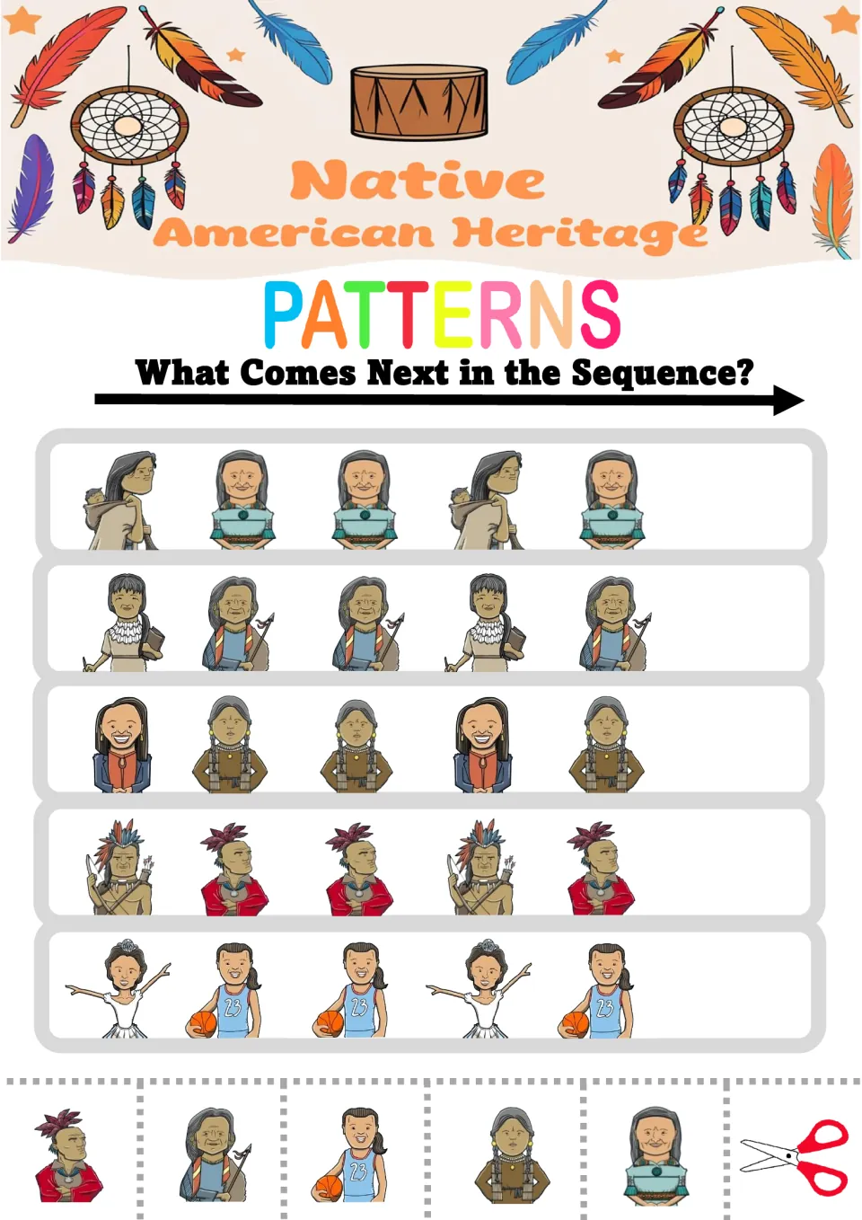 Pattern worksheet 2: five ABB sequences using figures including a baby carrier, dancer, and basketball player