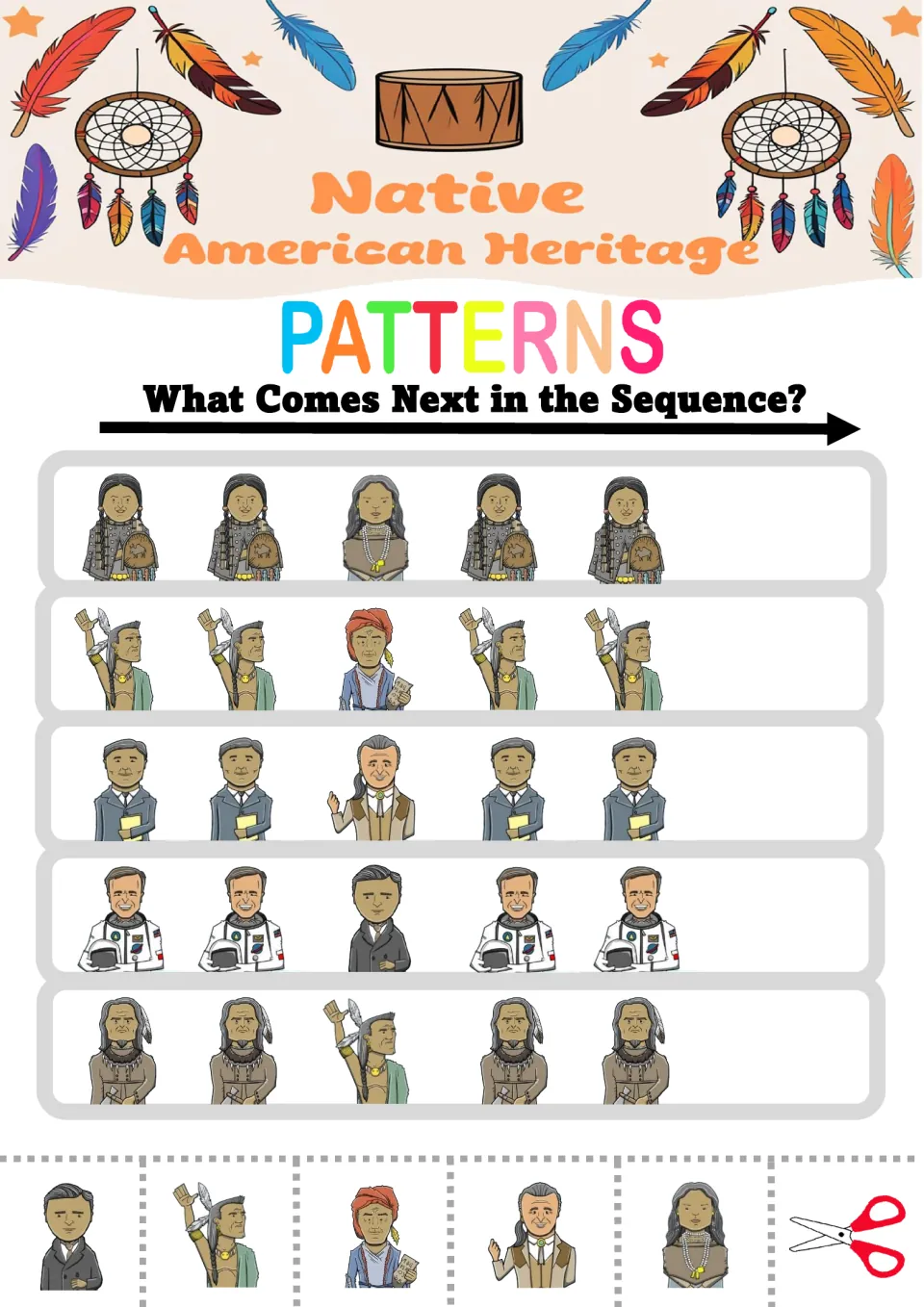 Pattern worksheet 3: five AAB sequences using figures including an astronaut and a person in a red turban
