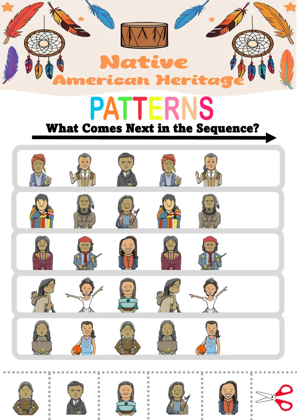 Pattern worksheet 4: five ABC sequences using figures including a dancer, basketball player, and baby carrier