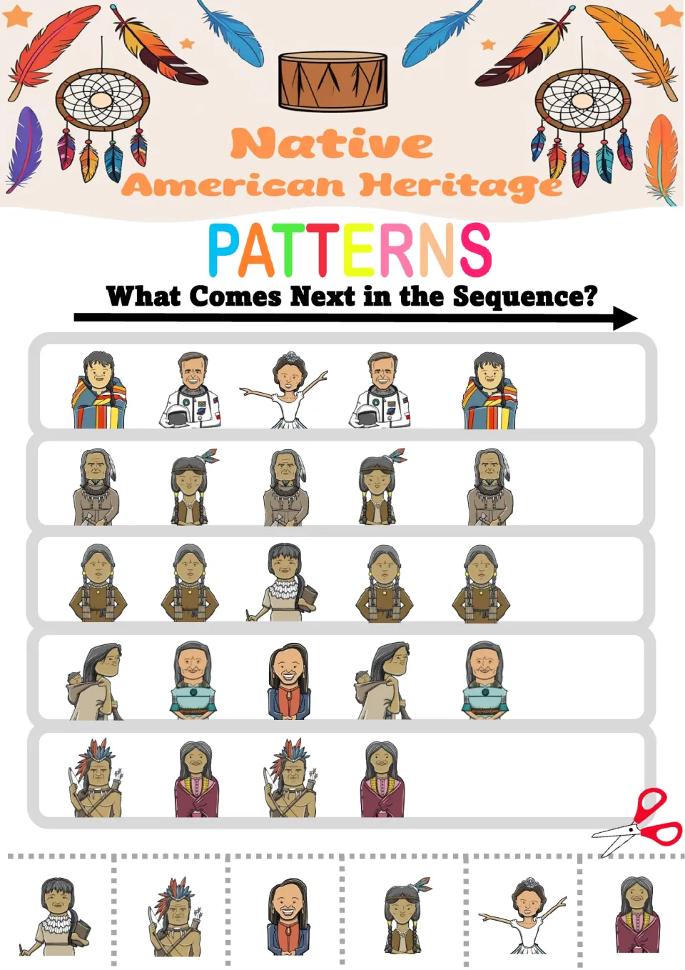Pattern worksheet 5: five mixed sequences featuring an astronaut, dancer, and figures in feathered headwear
