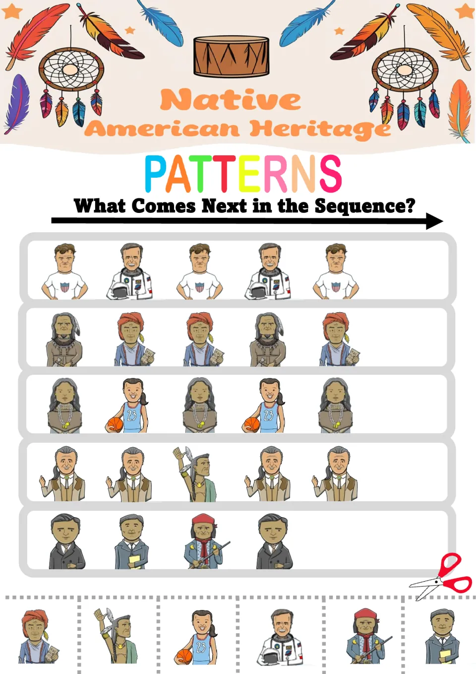 Pattern worksheet 6: five mixed sequences featuring an astronaut, basketball player, and figure holding books