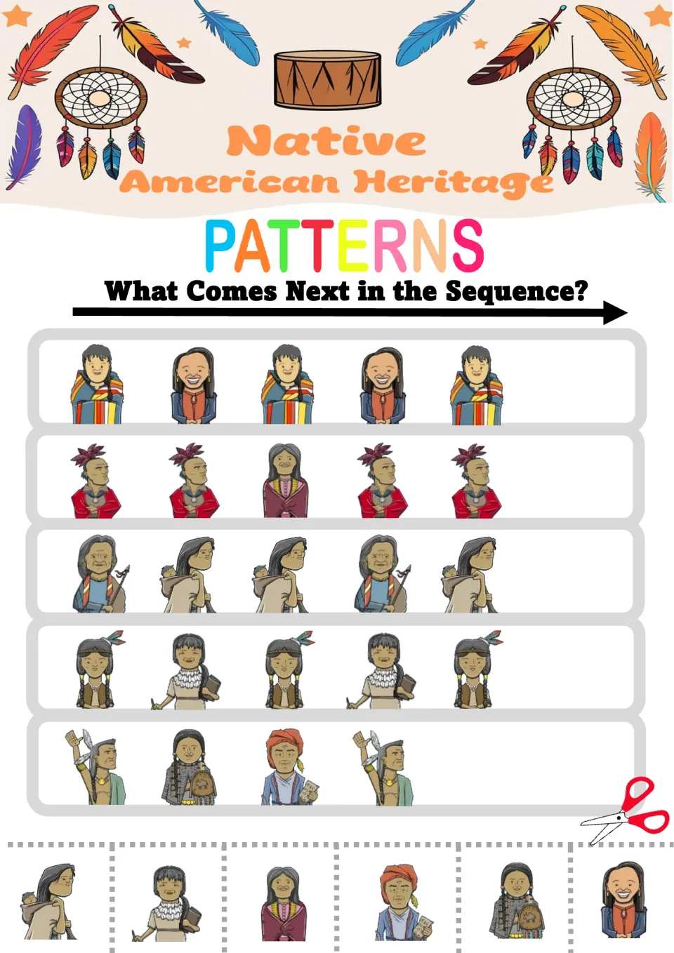 Pattern worksheet 7: five mixed sequences featuring a baby carrier and figures in a red turban and purple