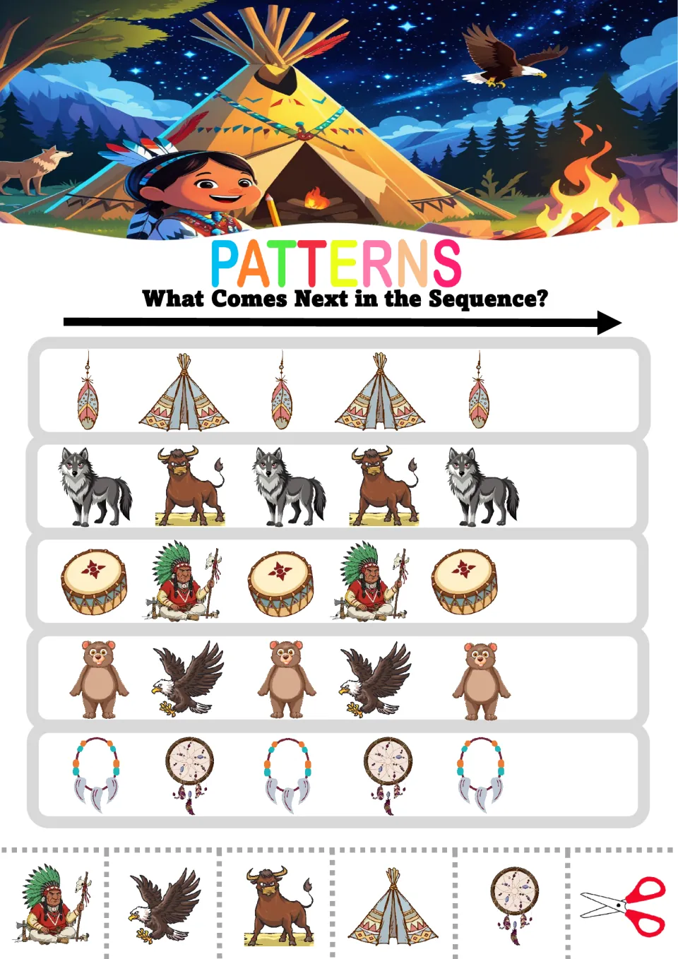 Pattern worksheet 1: five AB sequences using feathers, tipis, wolves, bison, drums, bears and other pictures