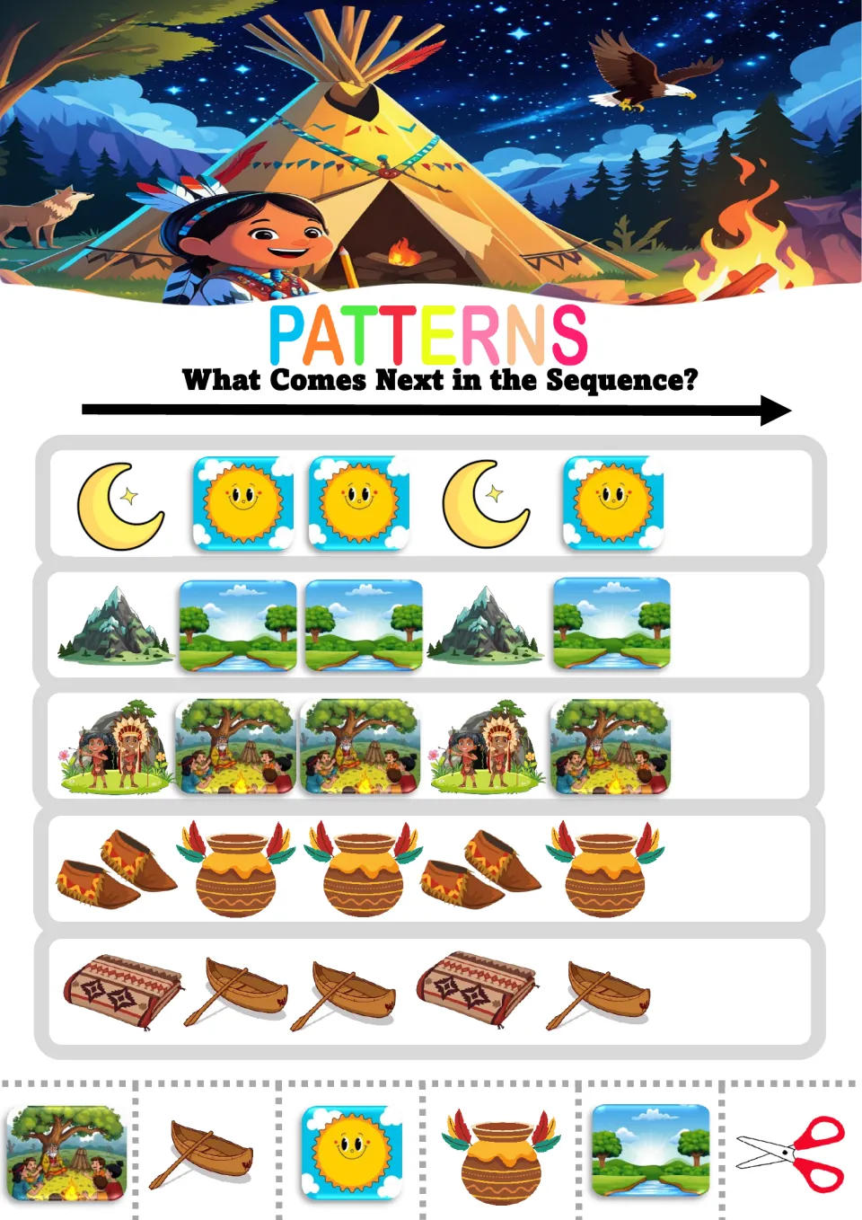Pattern worksheet 2: five ABB sequences using moons and suns, mountains and rivers, pottery and canoes