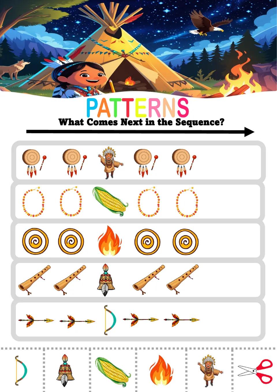 Pattern worksheet 3: five AAB sequences featuring drums, necklaces, corn, spirals, fire, flutes and arrows
