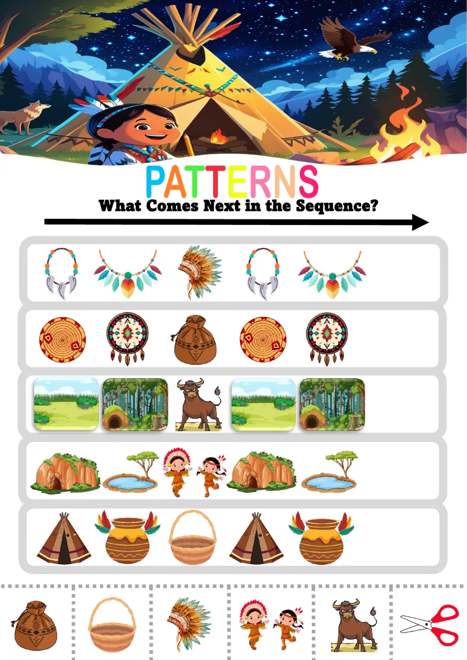 Pattern worksheet 4: five ABC sequences featuring necklaces, a headdress, a pouch, bison and a basket
