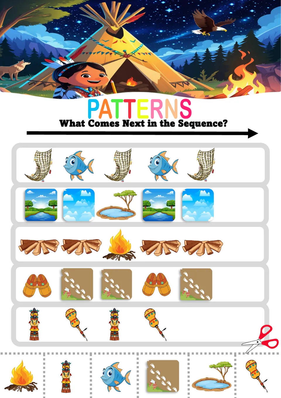 Pattern worksheet 5: mixed sequences using nets and fish, water scenes, logs and fire, footprints and rattles
