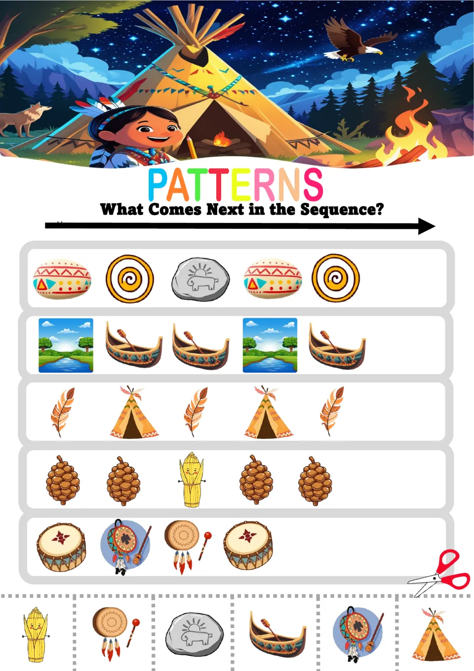 Pattern worksheet 6: mixed sequences using decorated stones, canoes, feathers, tipis, pinecones and drums