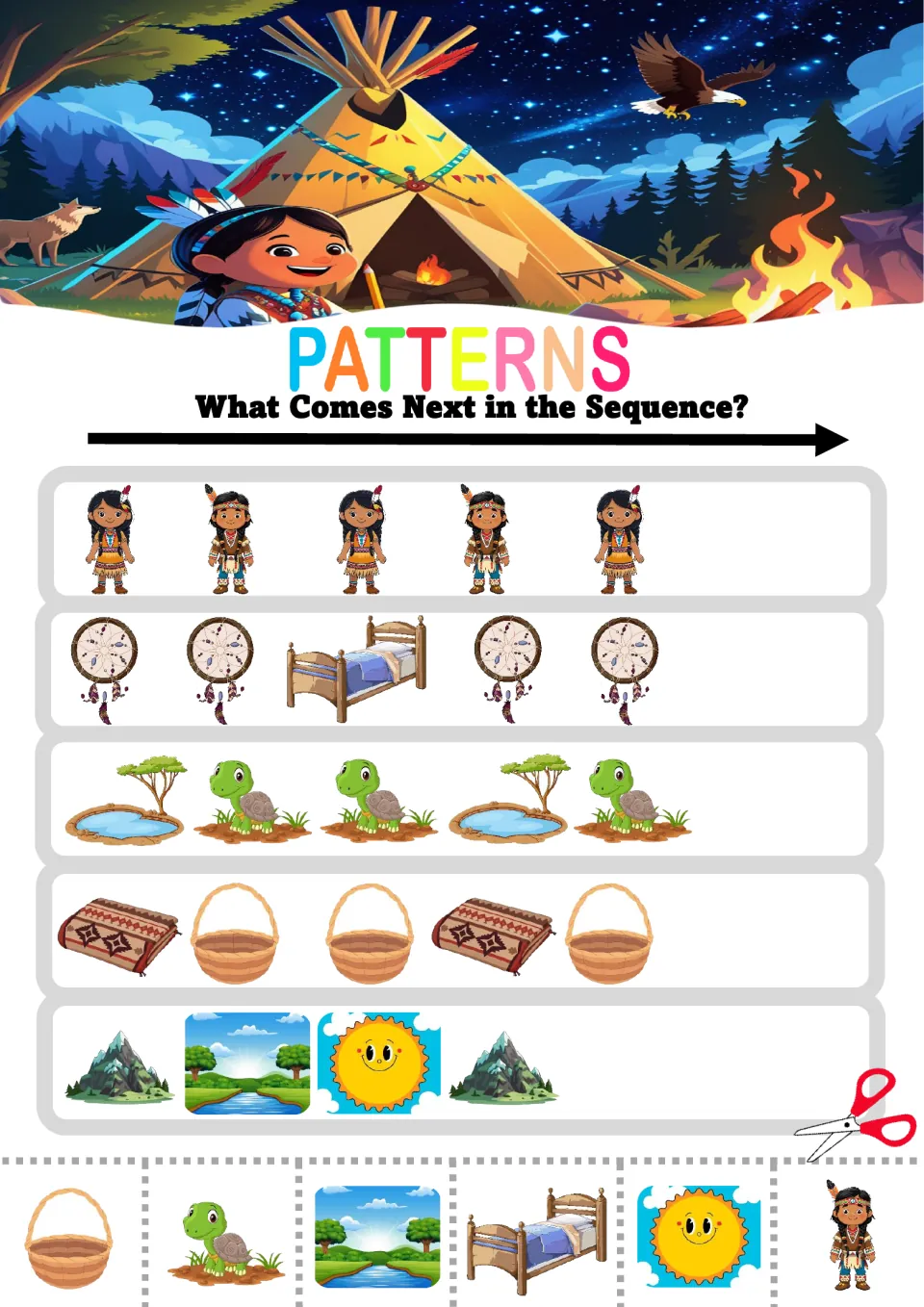 Pattern worksheet 7: mixed sequences using children, dream catchers, a bed, turtles, baskets and landscapes