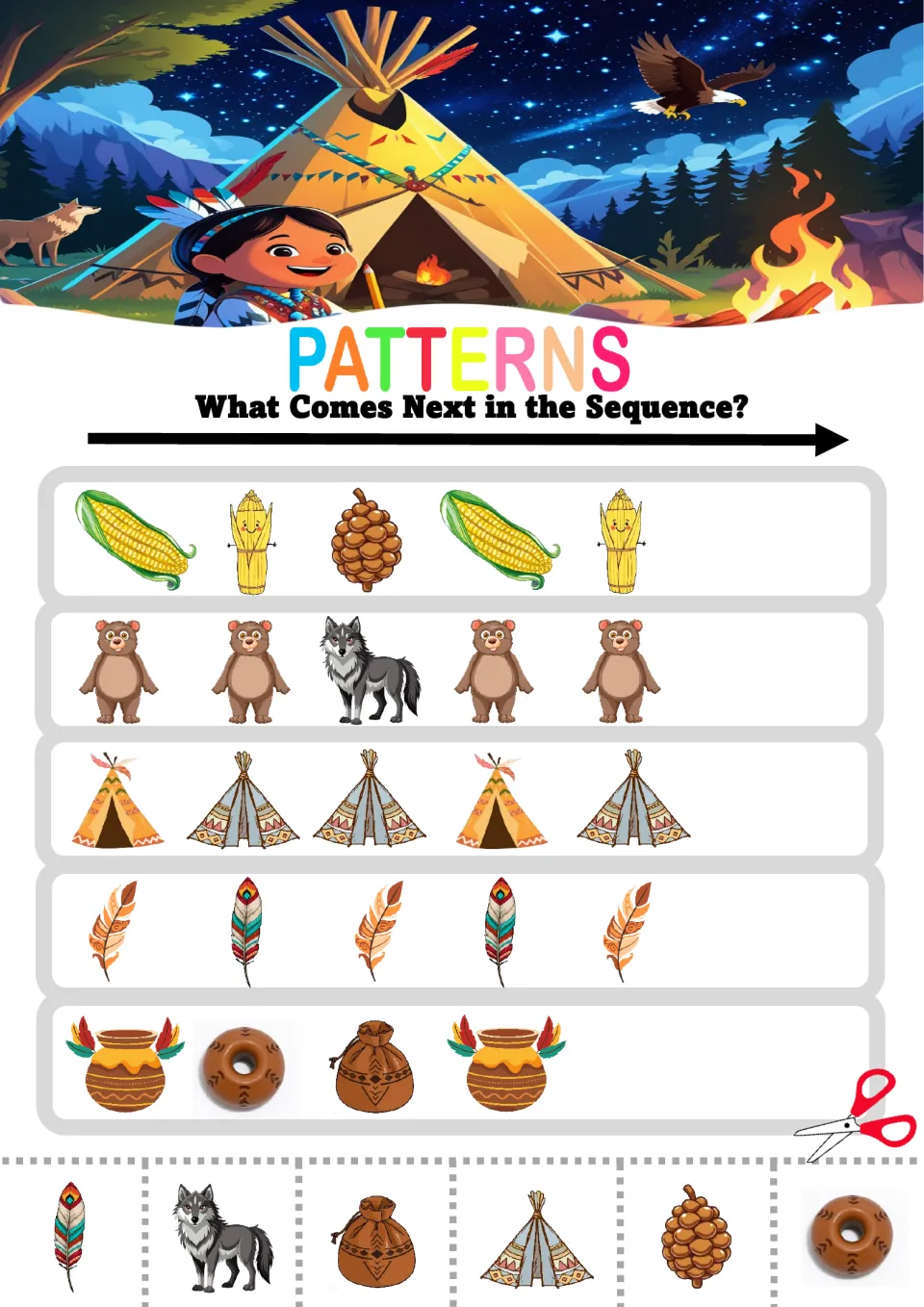 Pattern worksheet 8: mixed sequences using corn, pinecones, bears, wolves, tipis, feathers and pottery