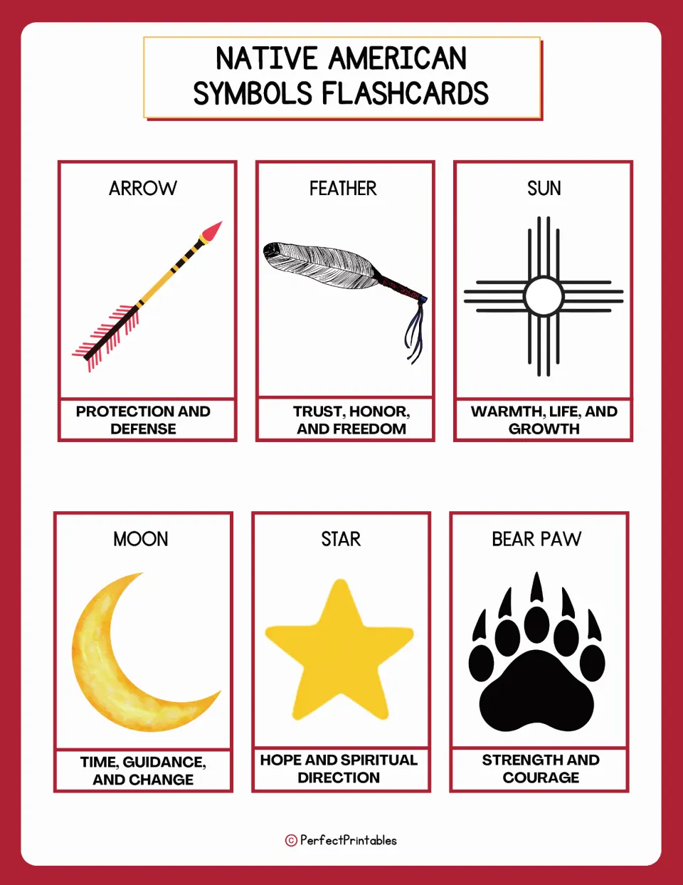 Symbol flashcards 1–6: arrow, feather, sun, moon, star, and bear paw, each with a picture and meaning