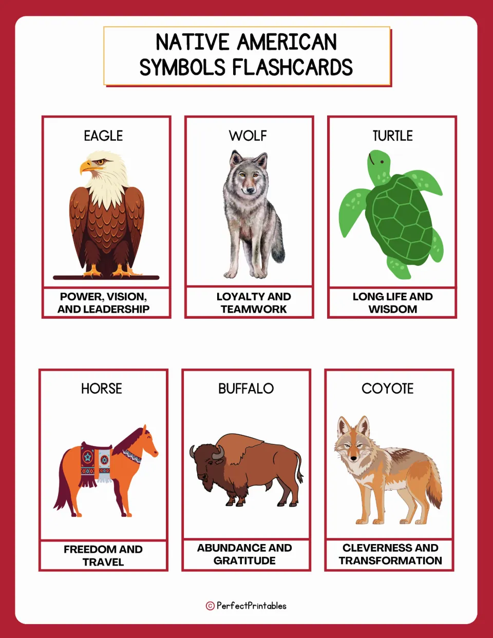 Symbol flashcards 7–12: eagle, wolf, turtle, horse, buffalo, and coyote, with pictures and stated meanings