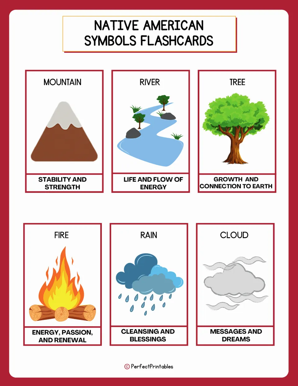 Symbol flashcards 13–18: mountain, river, tree, fire, rain, and cloud, with pictures and stated meanings